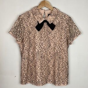 Karl Lagerfeld 10 Lace Bow Top Blouse Blush Pink